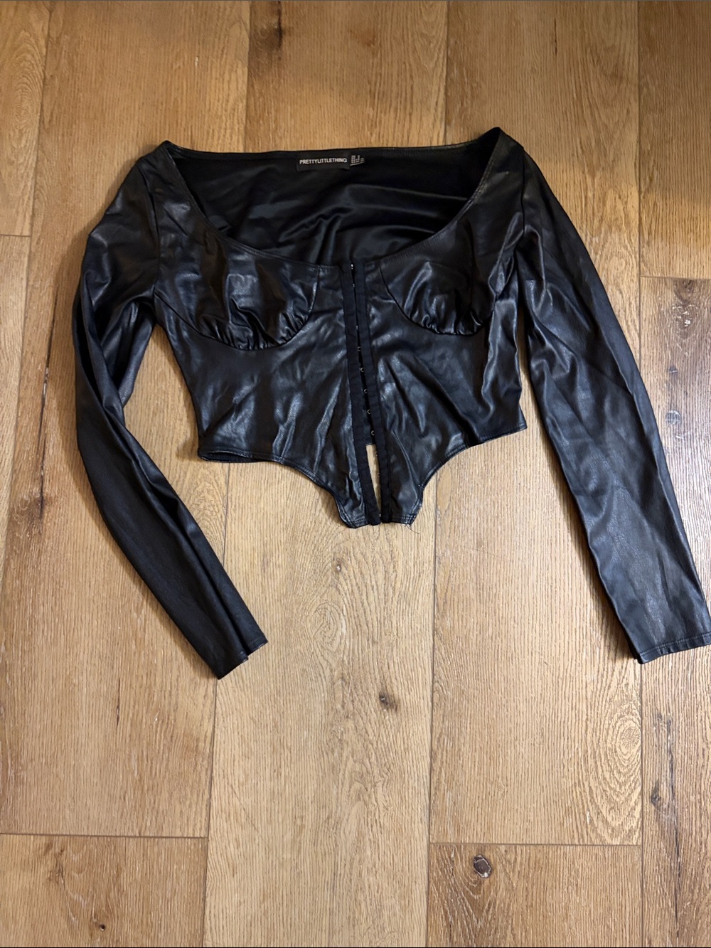 PrettyLittleThing Black Faux Leather Long-Sleeve Corset Top